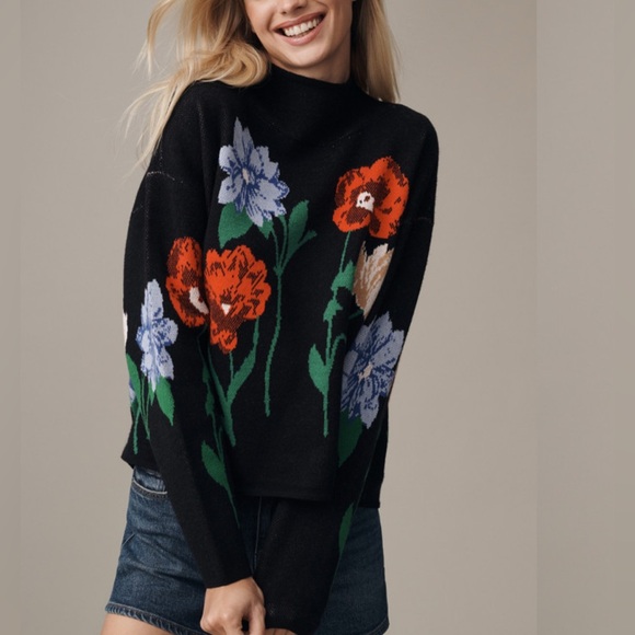 Anthropologie Sweaters - Anthropologie Maeve NWT Carys Mock Neck Sweater Black Flowers Graphics size XL